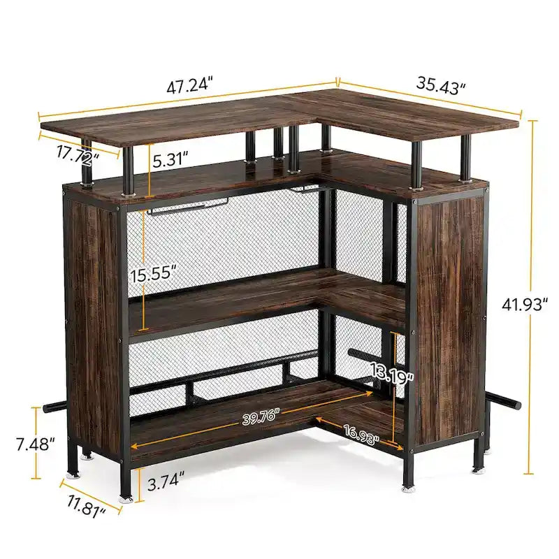 Table de bar en L avec porte-verres et étagères