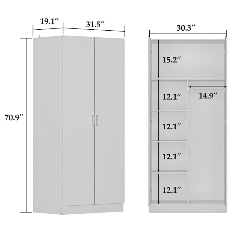 Armoire à 5 étagères avec 2 portes et une tringle de suspension - 80L x 40P x 180H cm