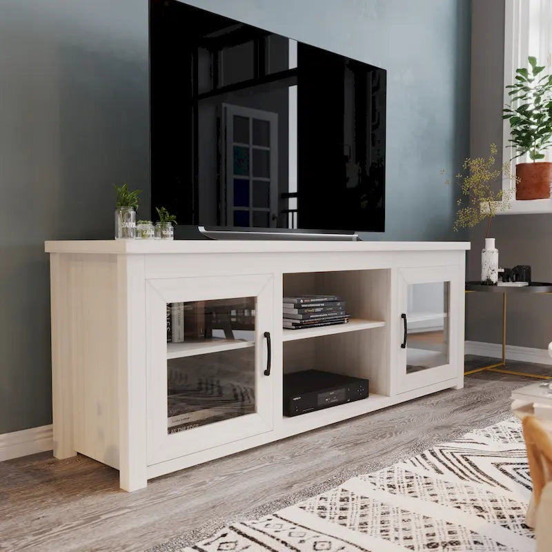 Meuble TV classique pour téléviseurs jusqu'à 80 pouces - Portes vitrées - Finition moderne - 65 L x 16 P x 23,625 H