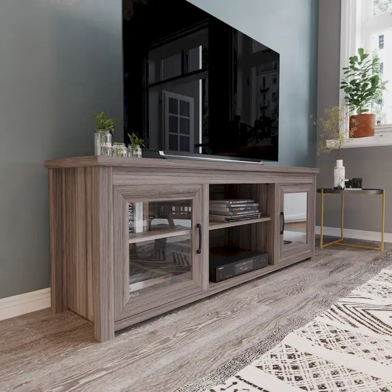 Meuble TV classique pour téléviseurs jusqu'à 80 pouces - Portes vitrées - Finition moderne - 65 L x 16 P x 23,625 H