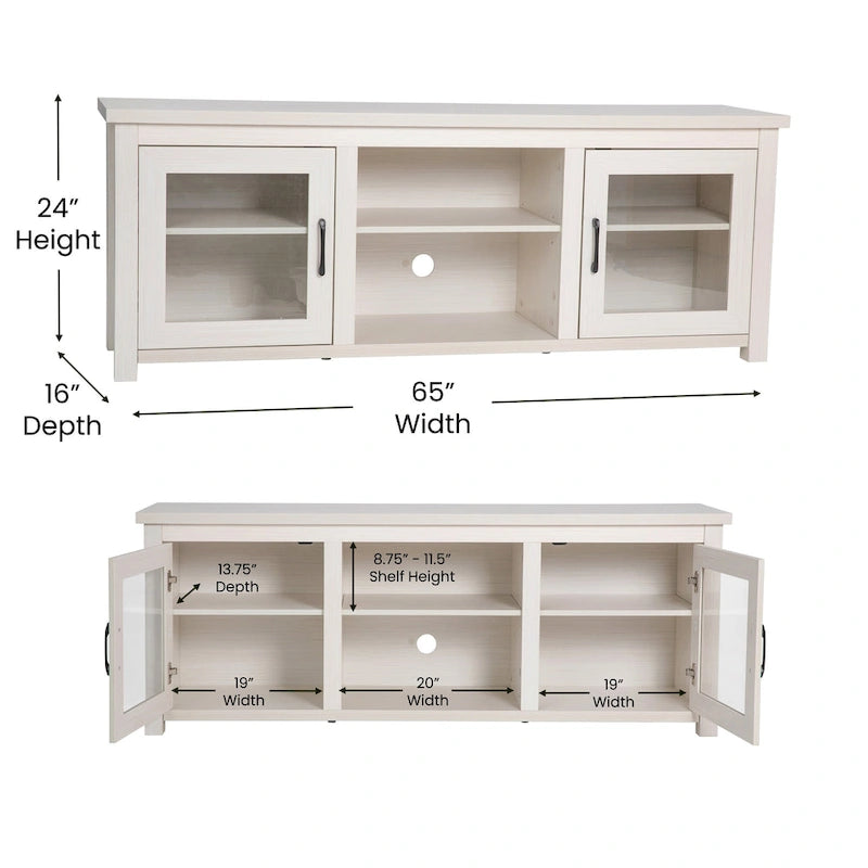 Meuble TV classique pour téléviseurs jusqu'à 80 pouces - Portes vitrées - Finition moderne - 65 L x 16 P x 23,625 H