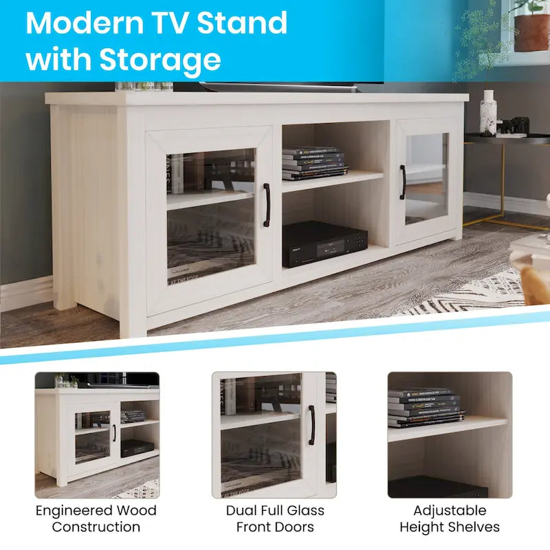 Meuble TV classique pour téléviseurs jusqu'à 80 pouces - Portes vitrées - Finition moderne - 65 L x 16 P x 23,625 H