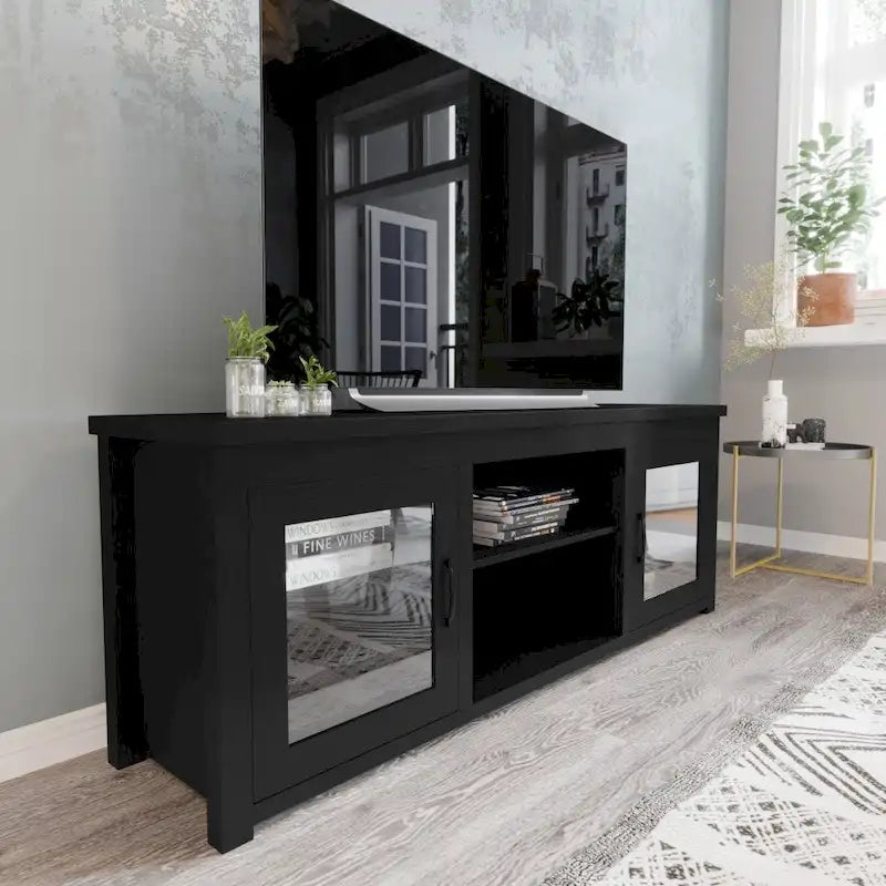 Meuble TV classique pour téléviseurs jusqu'à 80 pouces - Portes vitrées - Finition moderne - 65 L x 16 P x 23,625 H