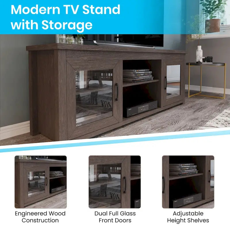 Meuble TV classique pour téléviseurs jusqu'à 80 pouces - Portes vitrées - Finition moderne - 65 L x 16 P x 23,625 H