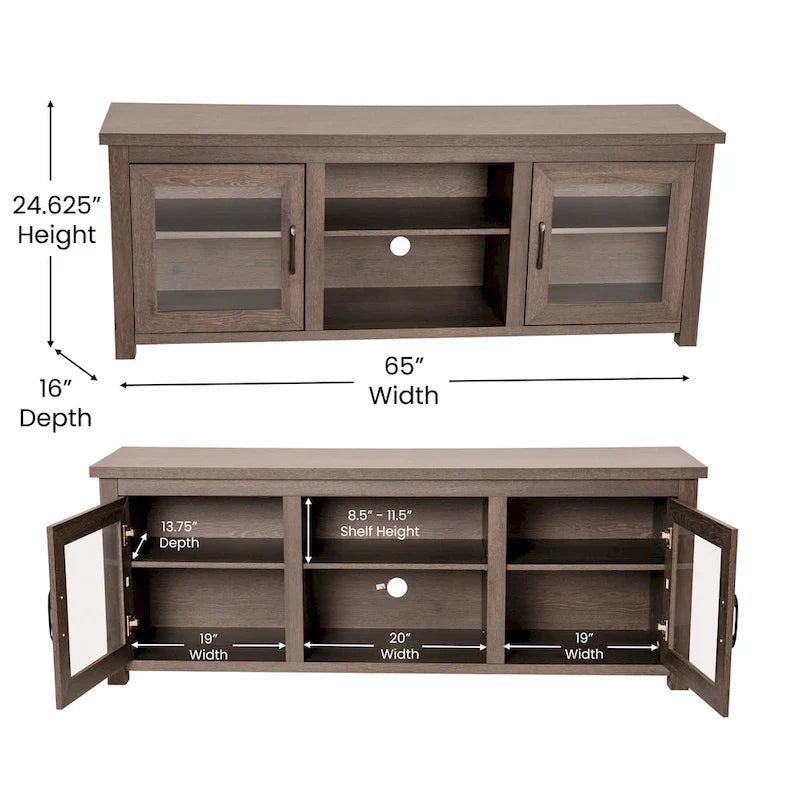 Meuble TV classique pour téléviseurs jusqu'à 80 pouces - Portes vitrées - Finition moderne - 65 L x 16 P x 23,625 H