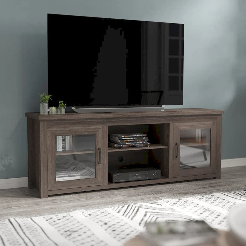 Meuble TV classique pour téléviseurs jusqu'à 80 pouces - Portes vitrées - Finition moderne - 65 L x 16 P x 23,625 H