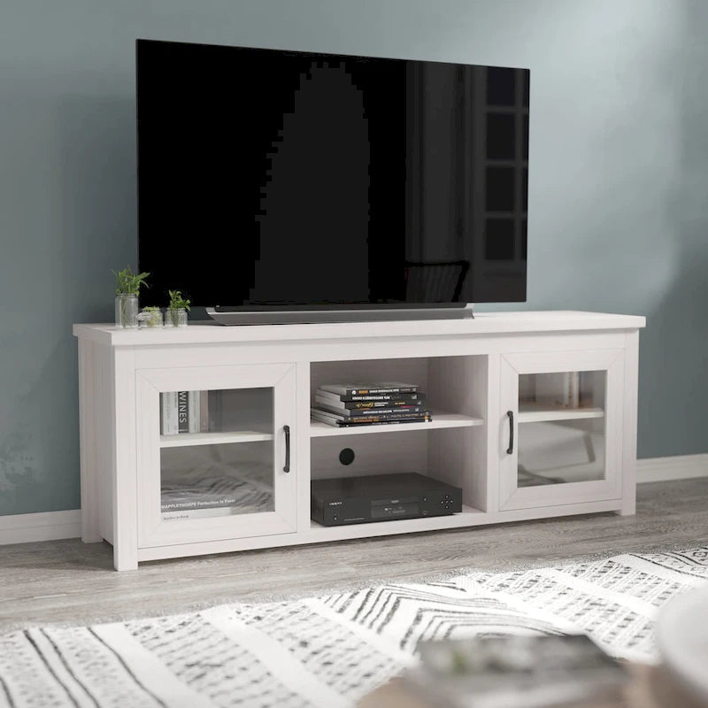 Meuble TV classique pour téléviseurs jusqu'à 80 pouces - Portes vitrées - Finition moderne - 65 L x 16 P x 23,625 H