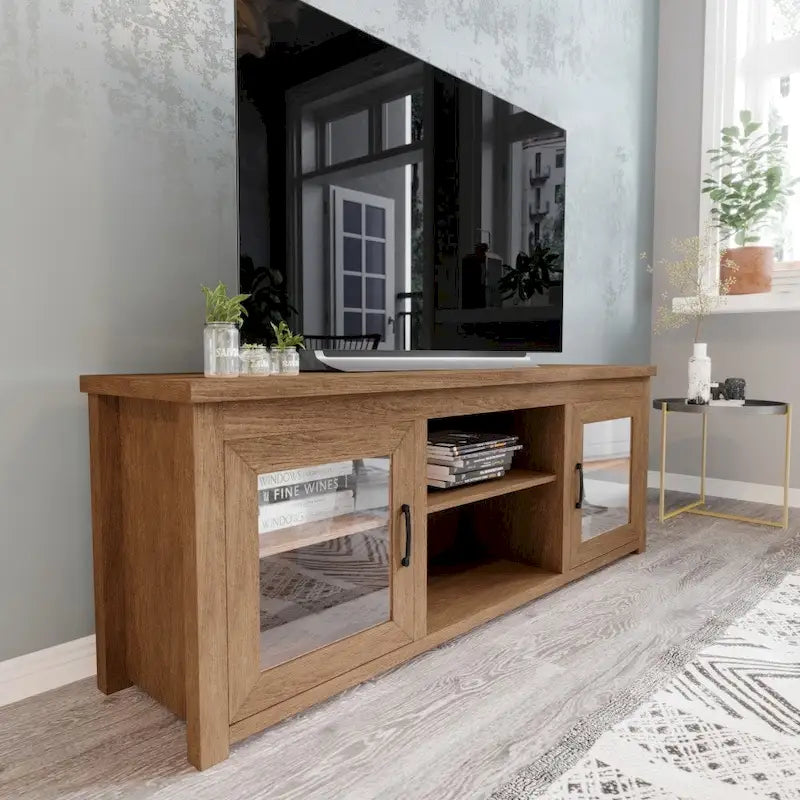Meuble TV classique pour téléviseurs jusqu'à 80 pouces - Portes vitrées - Finition moderne - 65 L x 16 P x 23,625 H