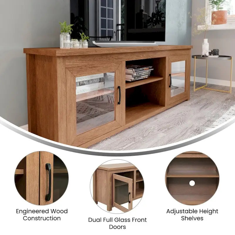 Meuble TV classique pour téléviseurs jusqu'à 80 pouces - Portes vitrées - Finition moderne - 65 L x 16 P x 23,625 H