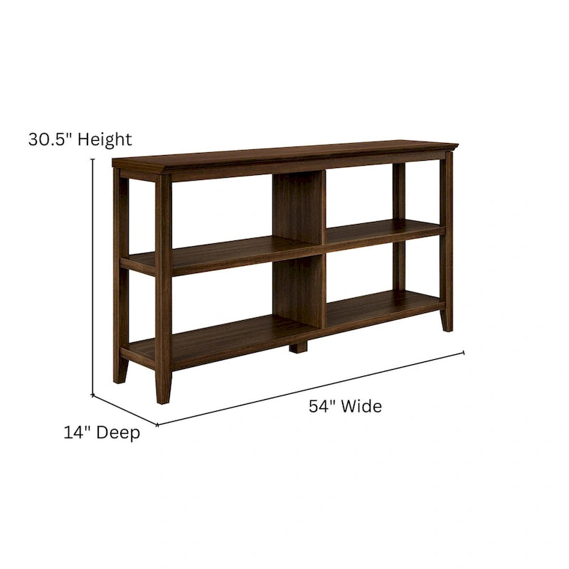 Bibliothèque basse et large 54W à 2 étagères, noyer