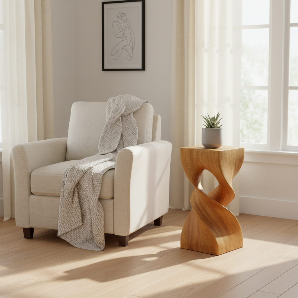 Tabouret/table en bois double torsion, chêne huilé - 14 x 14 x 30