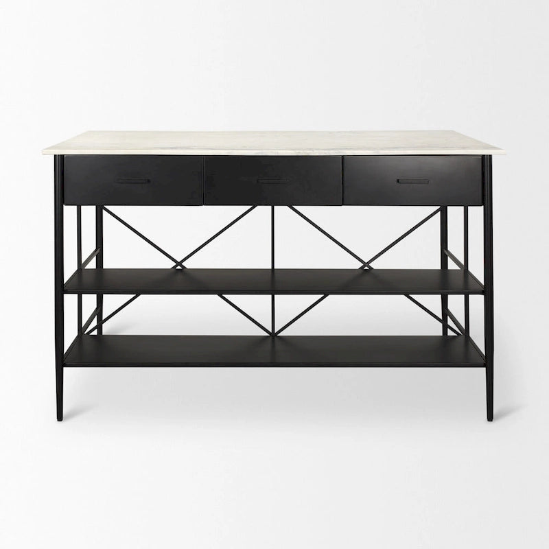 Îlot de cuisine Amika avec plateau en marbre massif blanc et base en métal noir