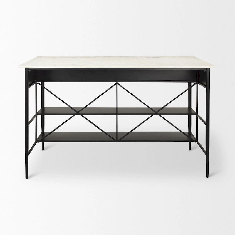 Îlot de cuisine Amika avec plateau en marbre massif blanc et base en métal noir