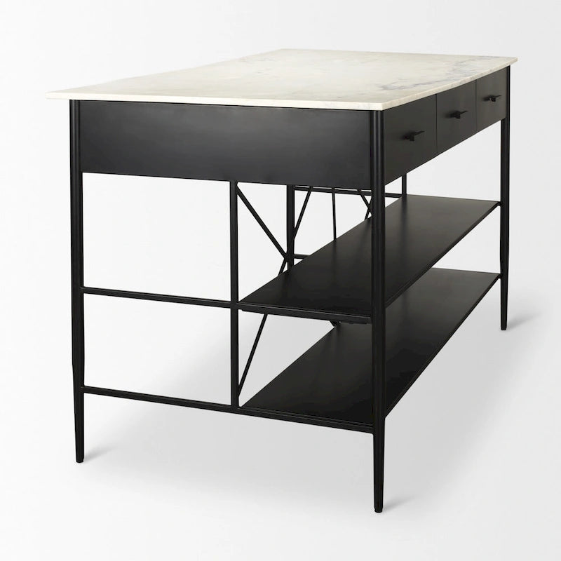 Îlot de cuisine Amika avec plateau en marbre massif blanc et base en métal noir