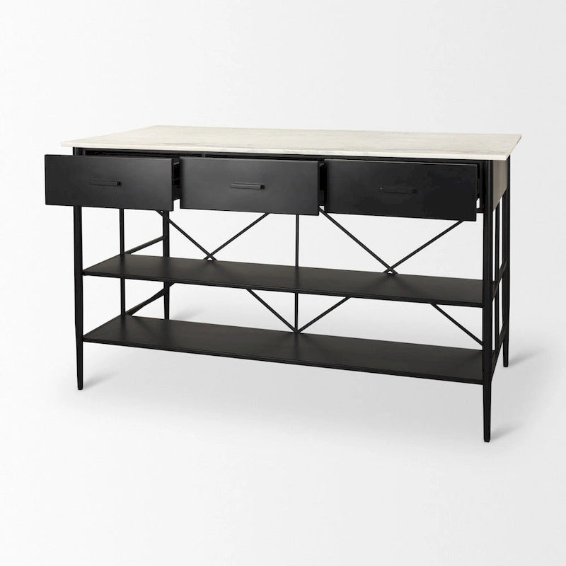 Îlot de cuisine Amika avec plateau en marbre massif blanc et base en métal noir