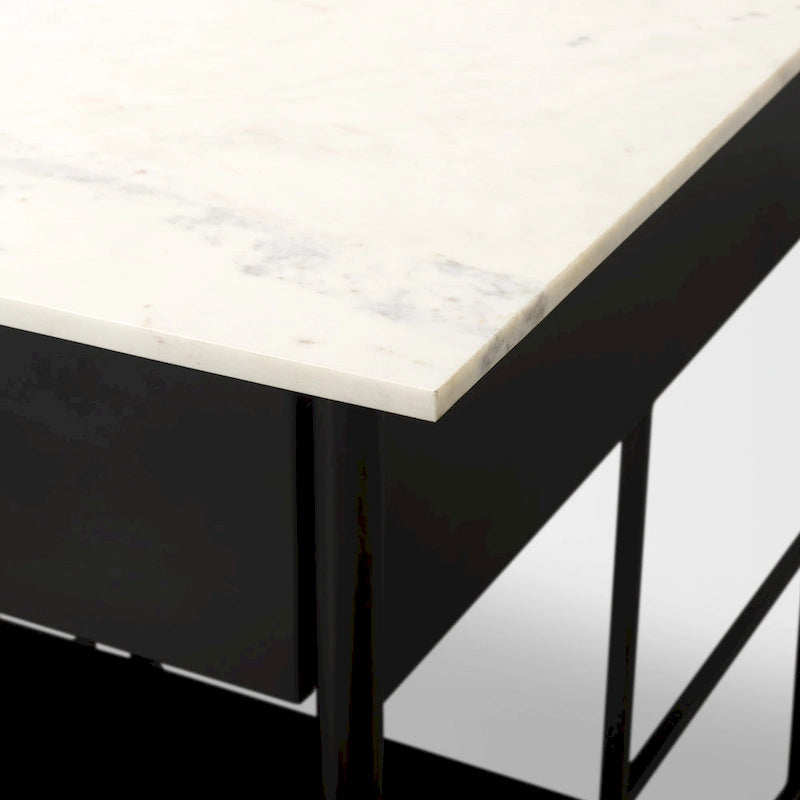 Îlot de cuisine Amika avec plateau en marbre massif blanc et base en métal noir