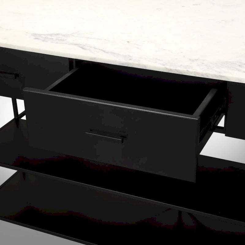 Îlot de cuisine Amika avec plateau en marbre massif blanc et base en métal noir