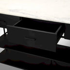Îlot de cuisine Amika avec plateau en marbre massif blanc et base en métal noir