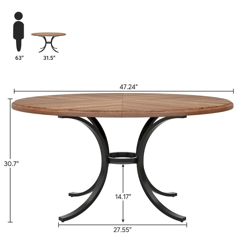 Table à manger ronde pour 4-6 personnes, Table de cuisine de ferme de 120 cm pour salle à manger, salon, rustique