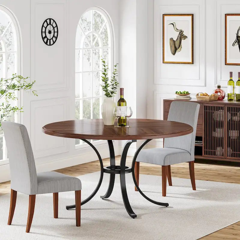 Table à manger ronde pour 4-6 personnes, Table de cuisine de ferme de 120 cm pour salle à manger, salon, rustique