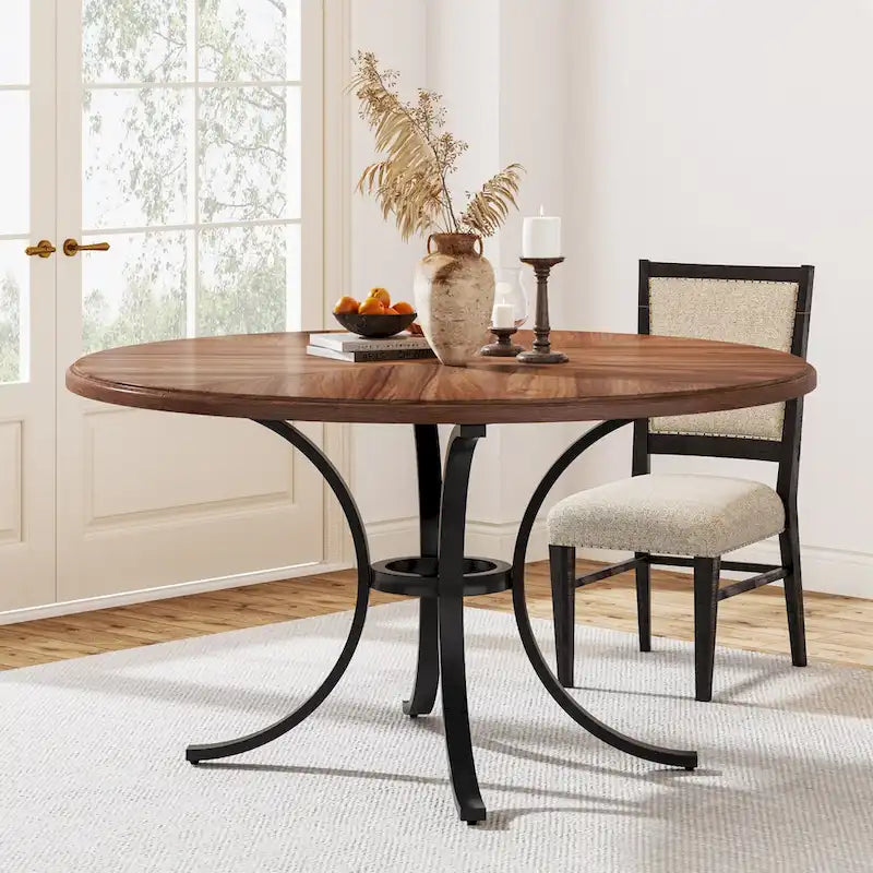 Table à manger ronde pour 4-6 personnes, Table de cuisine de ferme de 120 cm pour salle à manger, salon, rustique