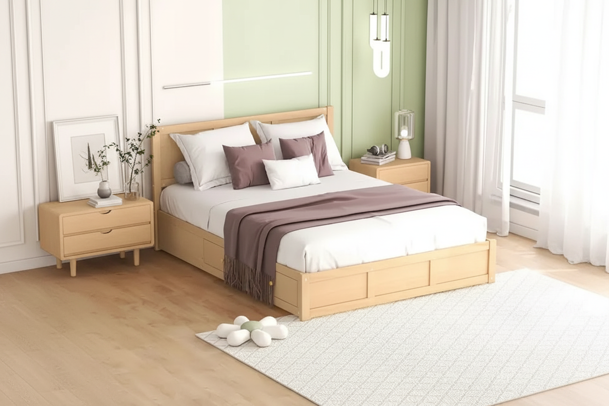 Lit plateforme en bois avec rangement intégré et 2 tiroirs