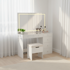 Ensemble coiffeuse avec miroir LED lumineux et prise de courant et 6 tiroirs, table de maquillage et tabouret de rangement pour chambre, blanc