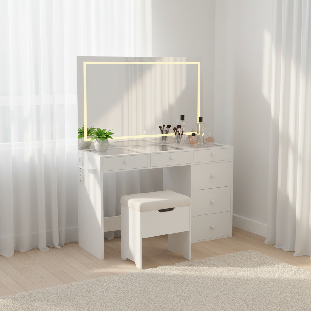 Ensemble coiffeuse avec miroir LED lumineux et prise de courant et 6 tiroirs, table de maquillage et tabouret de rangement pour chambre, blanc