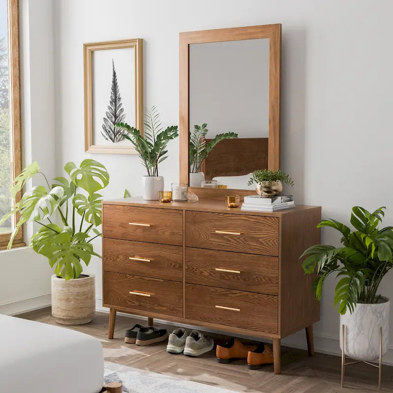 Commode et miroir 2 pièces en noyer du milieu du siècle