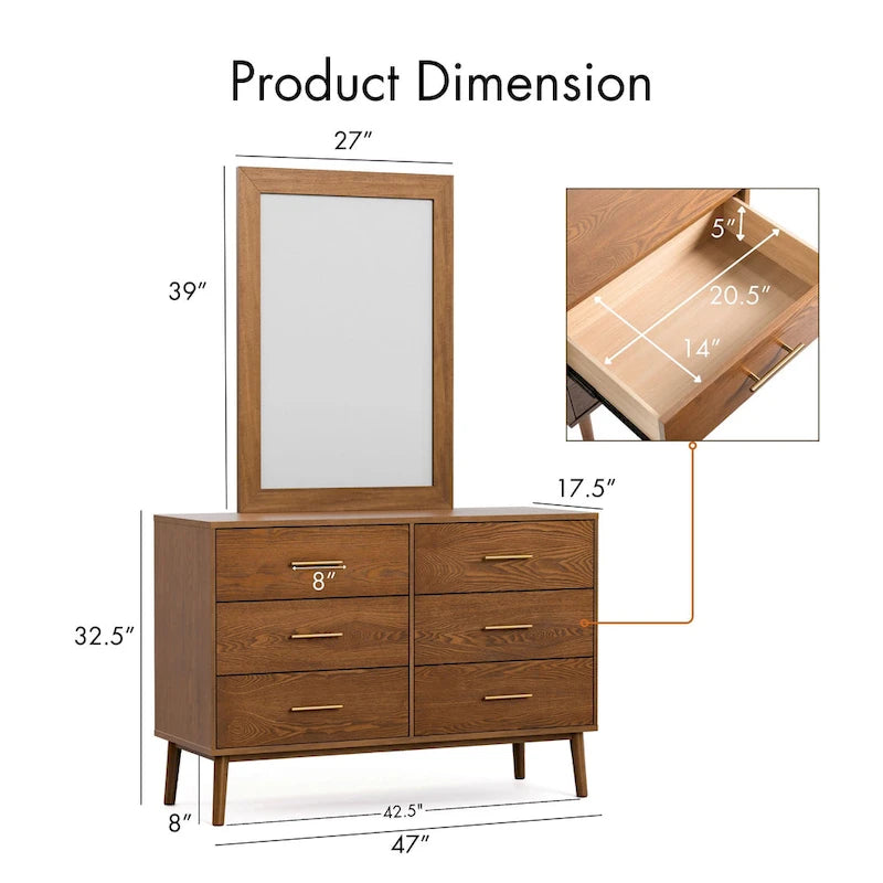 Commode et miroir 2 pièces en noyer du milieu du siècle