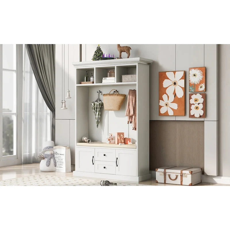 Porte-manteau d'entrée 3-en-1 avec 3 patères et banc de rangement - 120 l x 180 h x 40 P cm
