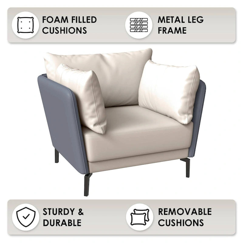 Fauteuil moderne monoplace en similicuir rembourré avec pieds en métal pour salon