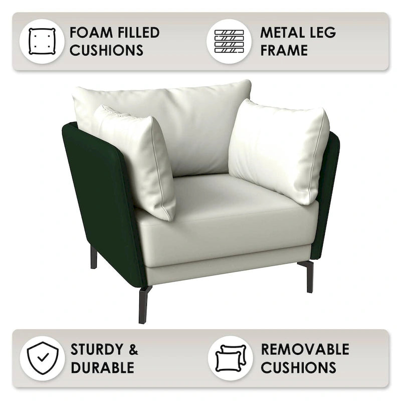 Fauteuil moderne monoplace en similicuir rembourré avec pieds en métal pour salon
