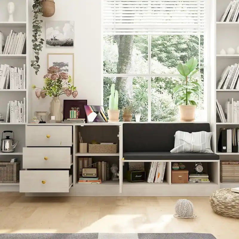 Banc de rangement à chaussures blanc pour entrée avec coussin noir et tiroirs