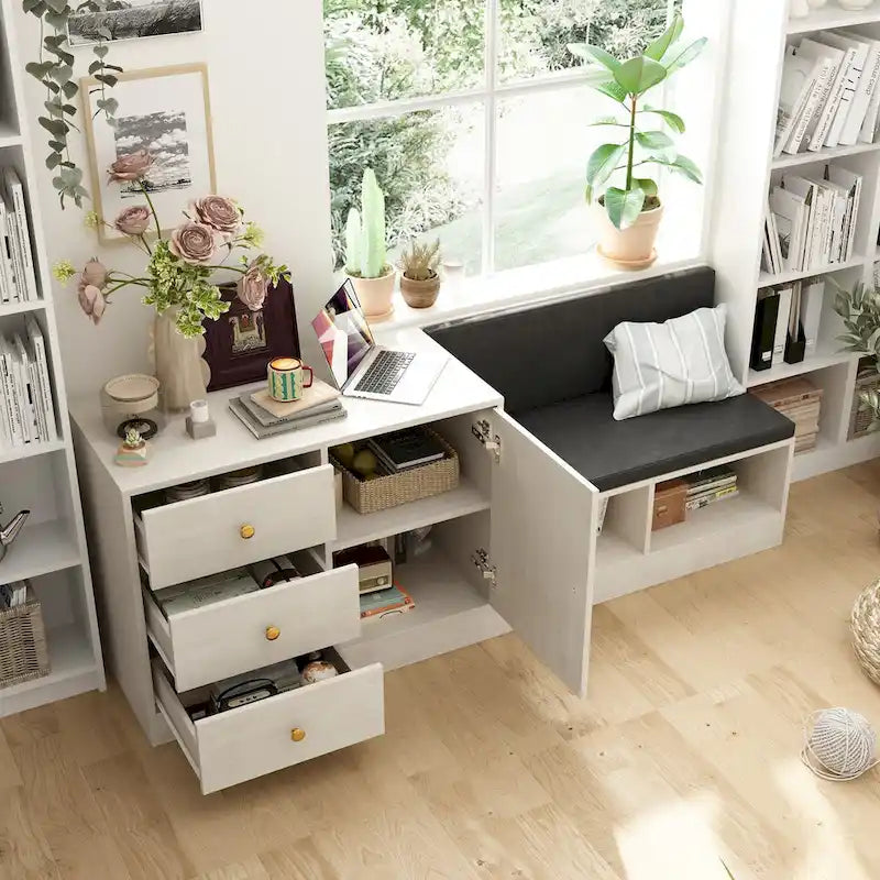 Banc de rangement à chaussures blanc pour entrée avec coussin noir et tiroirs