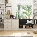 Banc de rangement à chaussures blanc pour entrée avec coussin noir et tiroirs