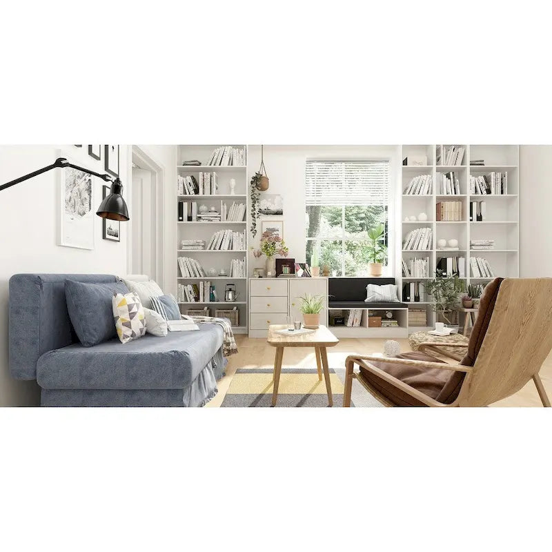 Banc de rangement à chaussures blanc pour entrée avec coussin noir et tiroirs