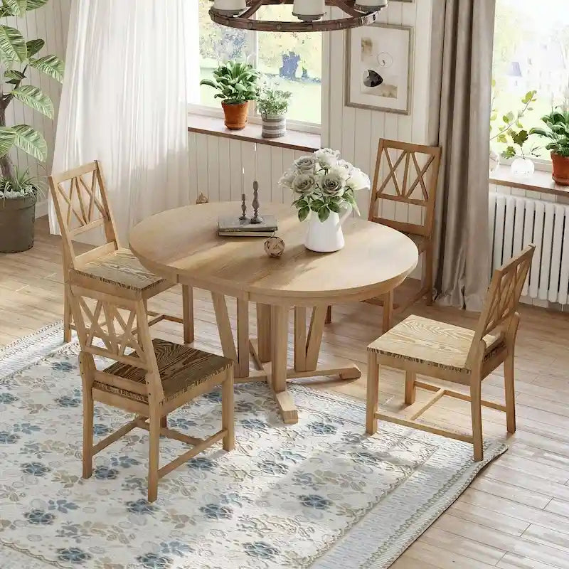 Ensemble de table à manger ronde extensible en bois massif pour 4 personnes pour cuisine et salle à manger, style ferme