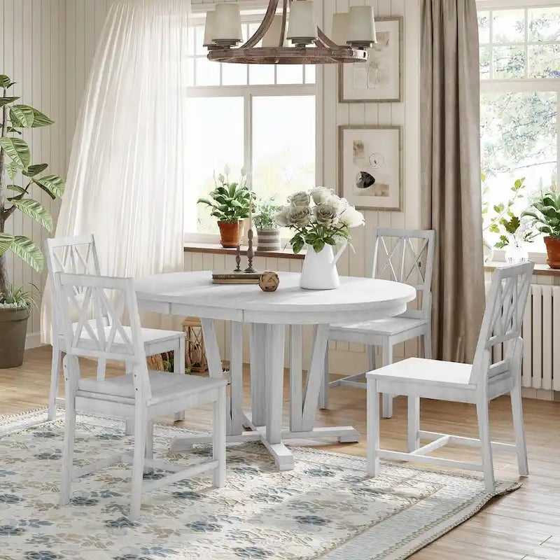 Ensemble de table à manger ronde extensible en bois massif pour 4 personnes pour cuisine et salle à manger, style ferme