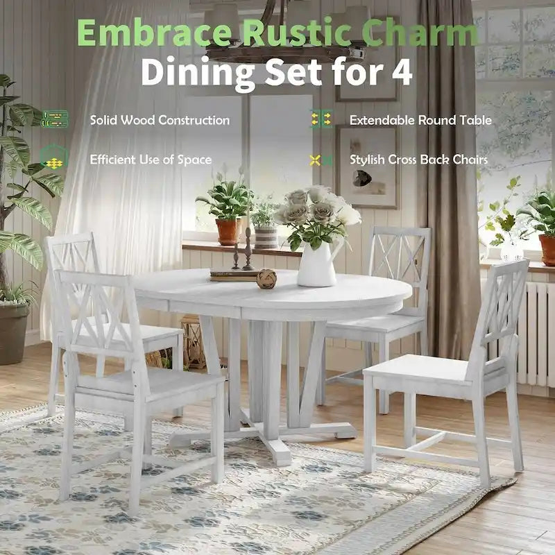 Ensemble de table à manger ronde extensible en bois massif pour 4 personnes pour cuisine et salle à manger, style ferme