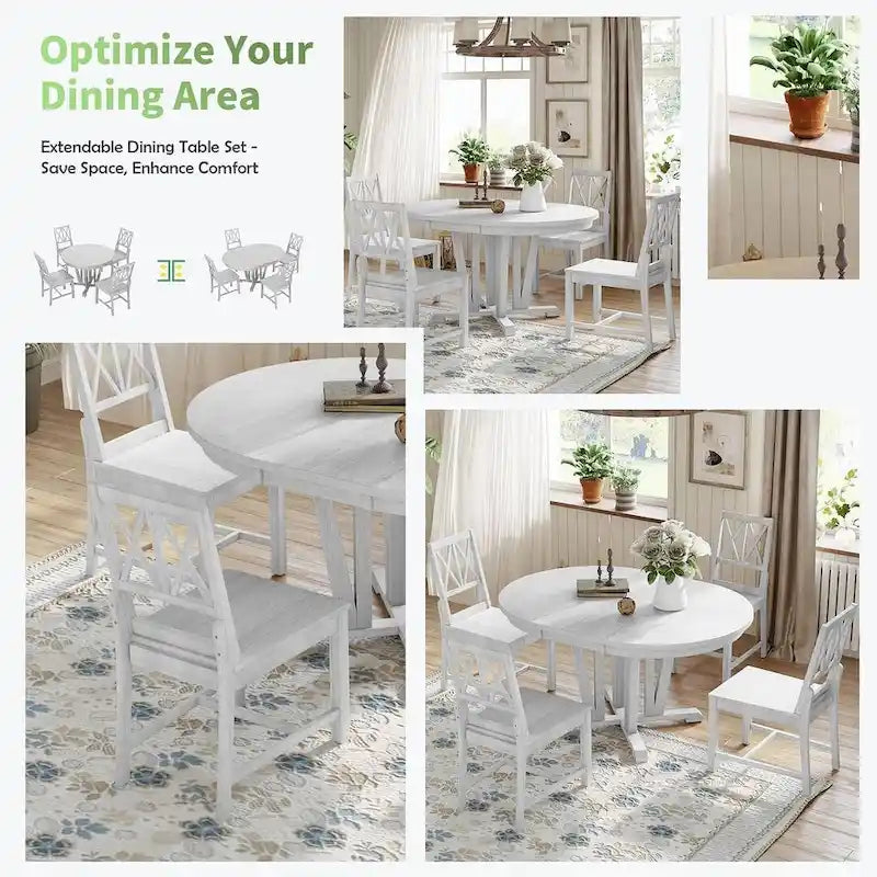 Ensemble de table à manger ronde extensible en bois massif pour 4 personnes pour cuisine et salle à manger, style ferme