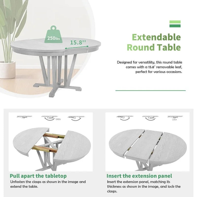 Ensemble de table à manger ronde extensible en bois massif pour 4 personnes pour cuisine et salle à manger, style ferme