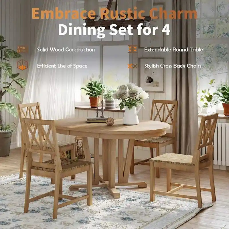 Ensemble de table à manger ronde extensible en bois massif pour 4 personnes pour cuisine et salle à manger, style ferme