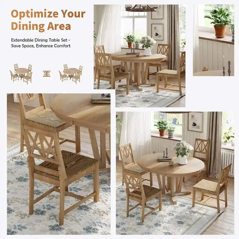 Ensemble de table à manger ronde extensible en bois massif pour 4 personnes pour cuisine et salle à manger, style ferme