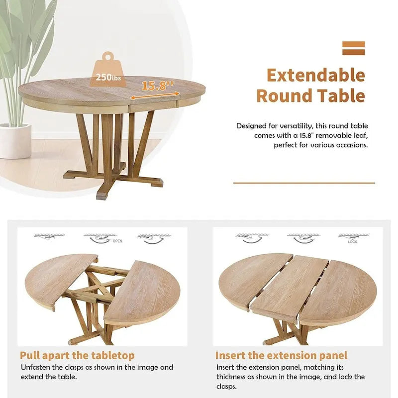 Ensemble de table à manger ronde extensible en bois massif pour 4 personnes pour cuisine et salle à manger, style ferme