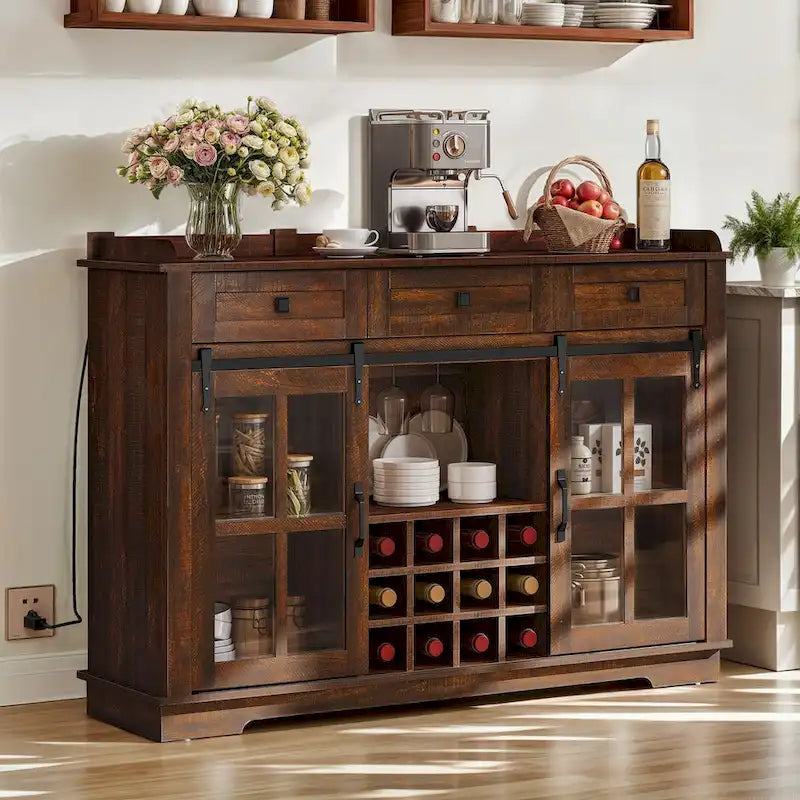 Buffet de ferme avec casiers à vin et tiroirs