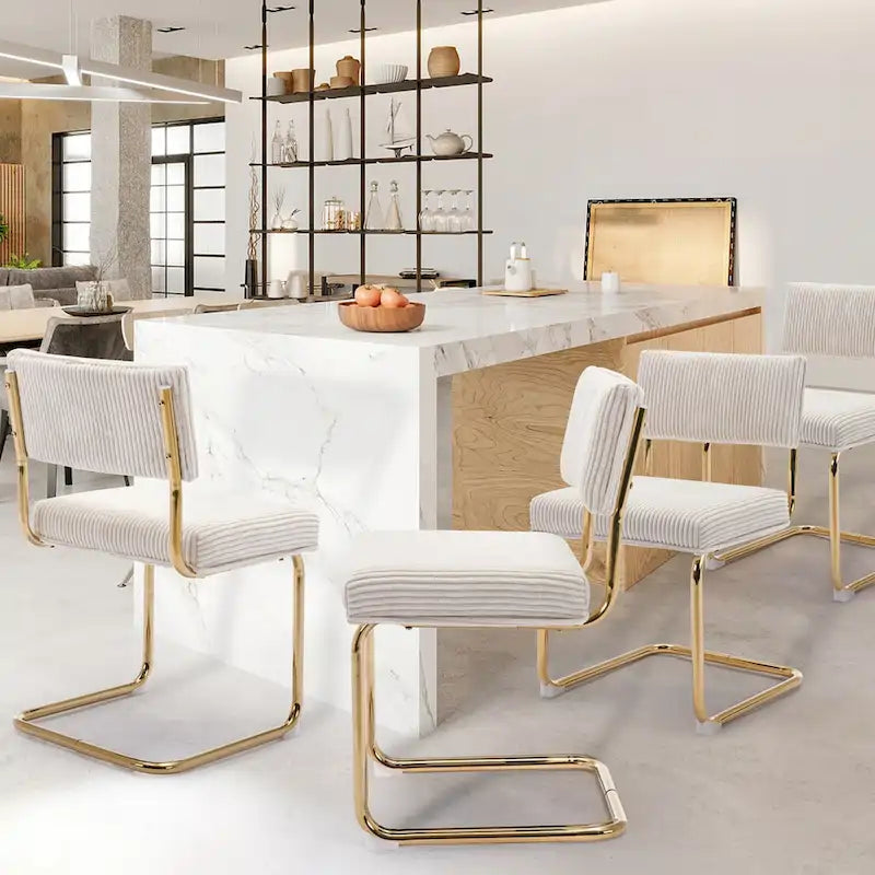 Chaises de salle à manger Mid-Century en velours côtelé avec piètement en métal doré, lot de 4