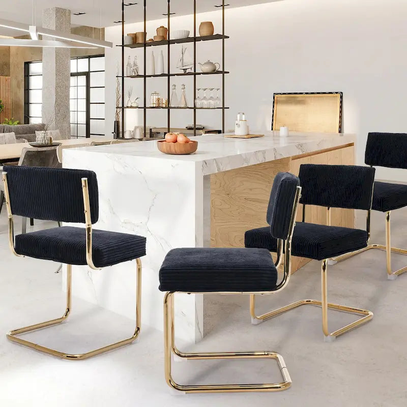 Chaises de salle à manger Mid-Century en velours côtelé avec piètement en métal doré, lot de 4