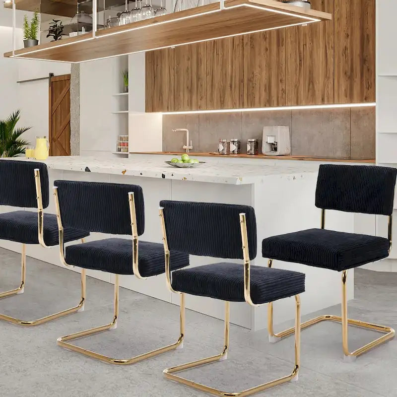 Chaises de salle à manger Mid-Century en velours côtelé avec piètement en métal doré, lot de 4