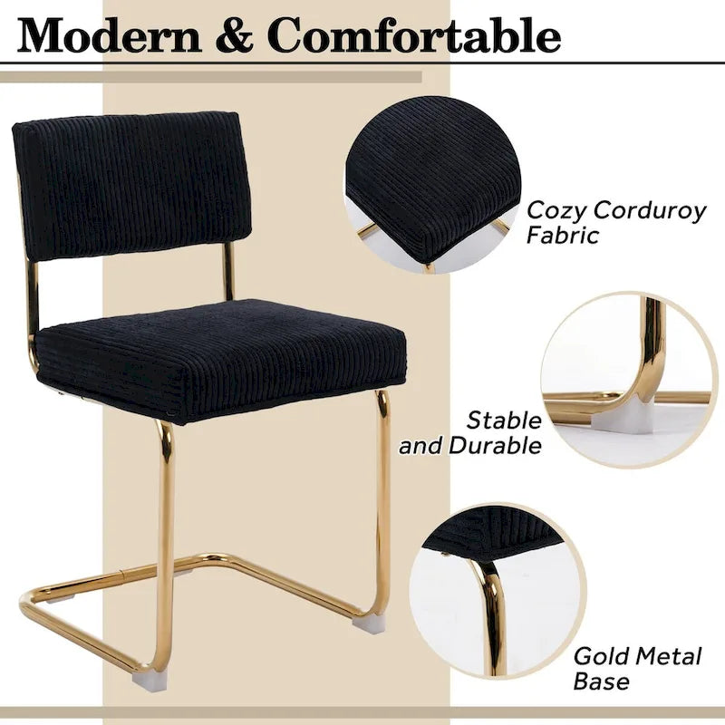 Chaises de salle à manger Mid-Century en velours côtelé avec piètement en métal doré, lot de 4
